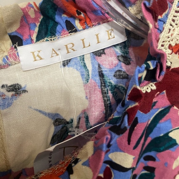 Karlie Floral Colorful Ruffled Short Sleeve Linen Top Blouse - Picture 6 of 6